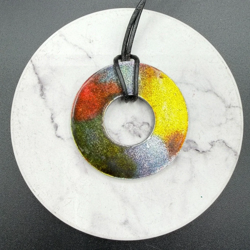 SA Signed Multicolor Glitter Donut Pendant Black Cord Necklace Modernist Art